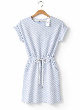 NWT Lou & Grey Striped Pocket Dress Roll Sleeve Tie Waist - White / Blue | XS